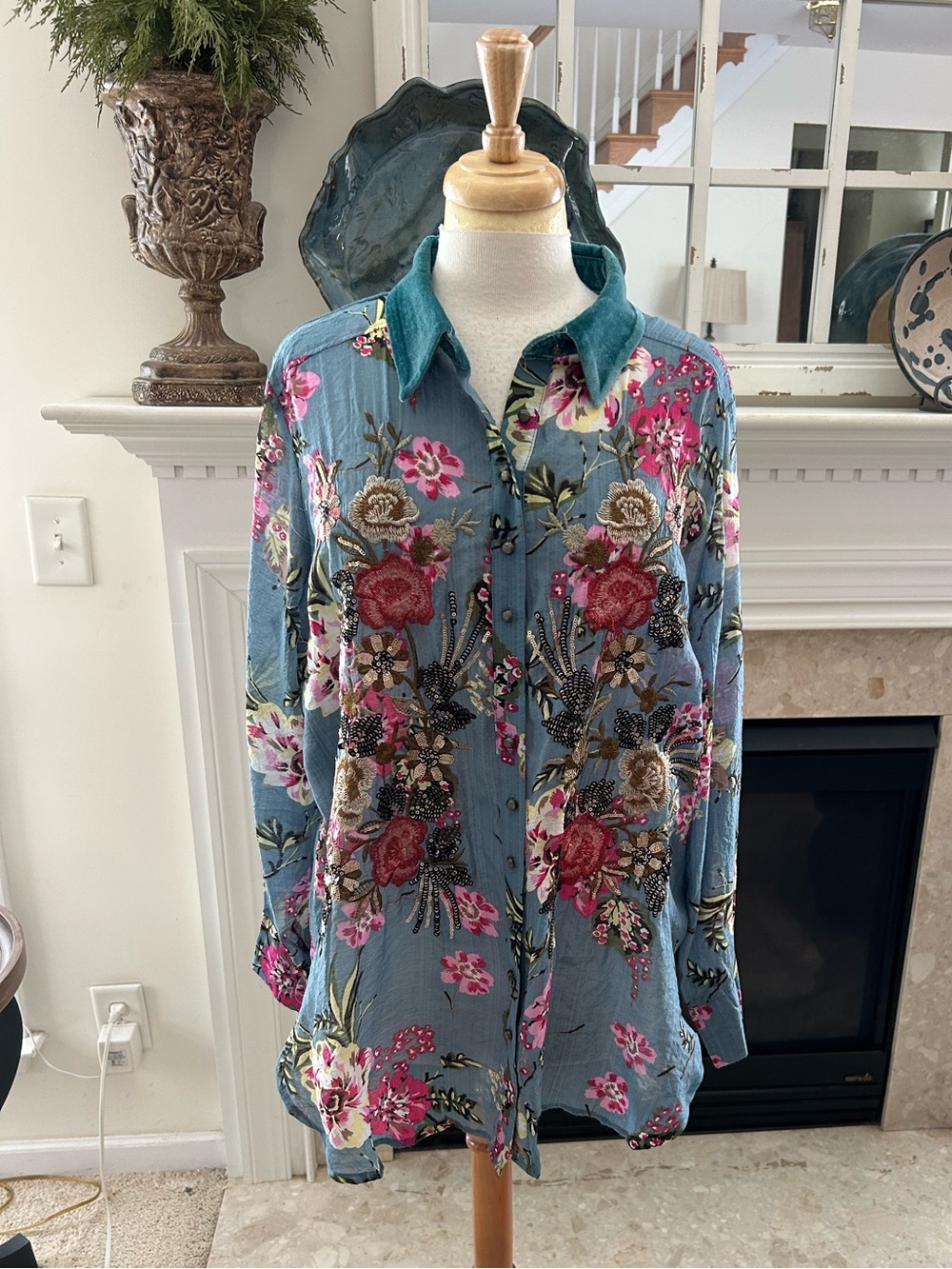 Soft Surroundings Dusty Blue Floral Embroidered Button-Down